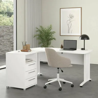Immagine prodotto di Dmora Scrivania Estong 150.4x159x75.4h cm Bianco, Angolare 3 Cassetti