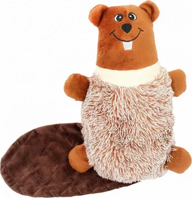 A plush toy beaver with a fluffy body and a flat tail, set against a white background.