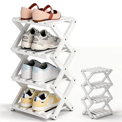 Produktbild von Schuhregal faltbar Bambus Weiß 4 Ebenen