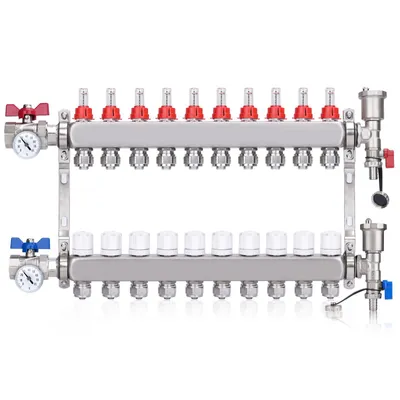Produktbild von 10 Heizkreise | Heizkreisverteiler mit Eurokonus 3/4 (20 x 2 mm) mit Thermometer, 1" Kugelhähne Manueller Entlüfter Flussmesser Fußbodenheizung HKV