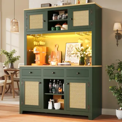 Produktbild von MODFU Vintage Stauraumschrank Küchenschrank mit Rattan-Schranktüren und 3 Schubladen Hochschrank mit LED Beleuchtung und Offener Stauraum Aufbewahrungsschrank Antikgrün