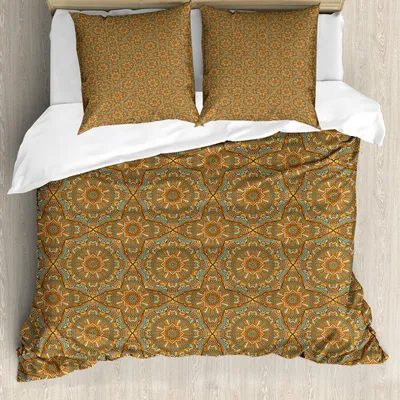 Produktbild von ABAKUHAUS traditionell Bettbezug Set, Böhmischer marokkanischer Stern mit dekorativen Rolle zeichnet Kurven-Weinlese-Illustration, 200 x 200 cm + 80 x 80 cm, Mehrfarbig