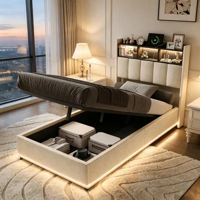 Productafbeelding van INONEFT Boxspringbed 90x200 met opbergruimte, gestoffeerd bed met LED-verlichting en USB/C-poorten, hydraulisch bed met opbergruimte, enkelbed met lattenbodem en hoofdeinde, fluweel, beige