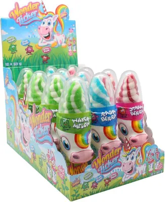 Produktbild von Display Komplett Einhorn Wonder Licker, Lutscher, 50g mit saurem Pulver 12 Stück