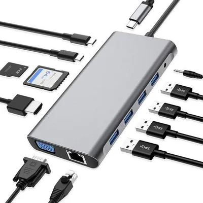 Image de Station d'accueil USB-C, 12 ports, HDMI 4K, VGA, USB 2.0, USB 3.0, données USB-C, PD 3.0, Ethernet, SD/TF, prise AUX 3,5 mm
