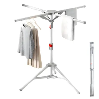 Image de Séchoir à linge sur pied haut à 4 branches, séchoir à linge en acier inoxydable pliable, pour balcon, intérieur et extérieur - Gris