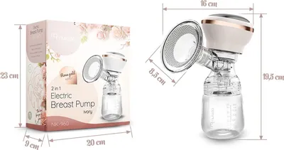 The image shows the packaging of a breast pump on the left and the breast pump itself with dimensions on the right.