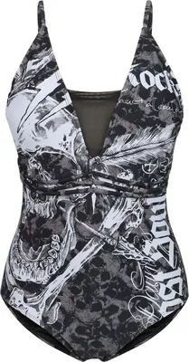 Produktbild von Rock Rebel by EMP Damen oliv-grüner Badeanzug mit Skull-Muster und dekorativen Bändern M