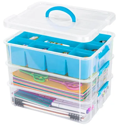 Produktbild von 3-stöckige Aufbewahrungsbox mit Deckel für Bastelmaterialien, stapelbare Aufbewahrungsboxen mit herausnehmbarem Einsatz für