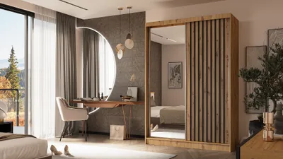Produktbild von ALTDECOR Kleiderschrank mit Spiegel und Schiebetüren, kugelgelagerte Führungsschienen und Aluminium-Leisten - LAMELO - 150 cm - Artisan/Artisan/Schwarz
