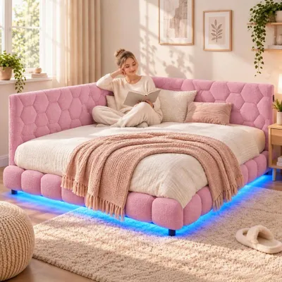 Productafbeelding van INONEFT Boxspringbed 140 x 200 cm, met sofafunctie, tweepersoonsbed met LED-verlichting en USB-aansluitingen, hoekbed, jeugdbed, roze