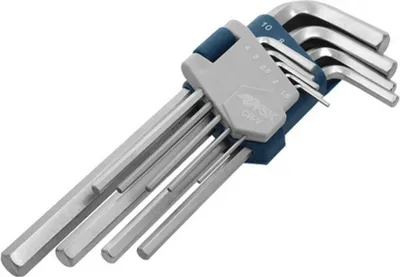 Image de Ferrestock FSKALN002 Jeu de 9 clés ALLEN longues en acier trempé au chrome-vanadium (Cr-v), angle de 90 degrés, support plastique of avec dimensions de chaque clé