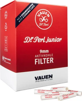 A product box of Vauen Dr. Perl Junior 9mm activated carbon filters, with several filters shown in the foreground.