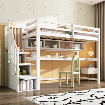 A child's loft bed with a desk and storage, set up in a bedroom.