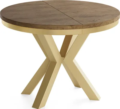 Produktbild von Runder Ausziehbarer Esstisch im Loft-Stil - Industrieller Tisch mit Goldenen Metallbeinen - Platzsparender Tisch für Wohnzimmer - Lefkas Eiche - 120 bis 200 cm