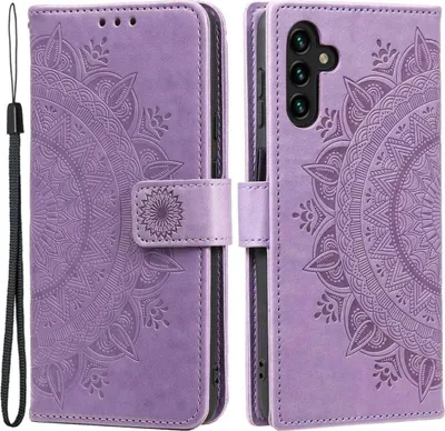 A purple flip case for a Samsung Galaxy A54 5G phone, decorated with a mandala pattern, is shown open and closed.