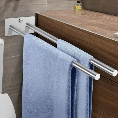 Immagine prodotto di Portasciugamani doppio in acciaio inossidabile senza foratura, acciaio inossidabile 304, portasciugamani doppio in acciaio inossidabile, portasciugamani da bagno a due bracci, portasciugamani da parete, portasciugamani per bagno e cucina