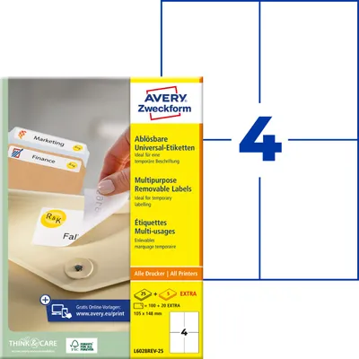 Produktbild von Avery Zweckform L6028REV-25, Universal-Etiketten, A4, 105 x 148 mm, 120 Etiketten / 30 Bögen, weiß