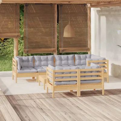 Produktbild von ZMH 8-tlg. Garten-Lounge-Set mit Grauen Kissen Kiefer Massivholz