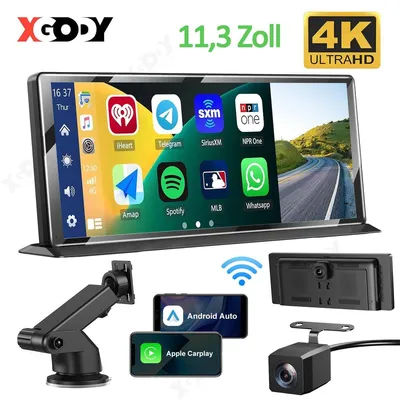 Obrázek produktu pro Autorádio s dotykovým 11palcovým displejem, podpora Android Auto a Apple CarPlay, s 4K palubní kamerou, 2 kamery (přední a zadní), vodotěsné, 2 DIN, záznam v smyčce, G-senzor, parkovací režim