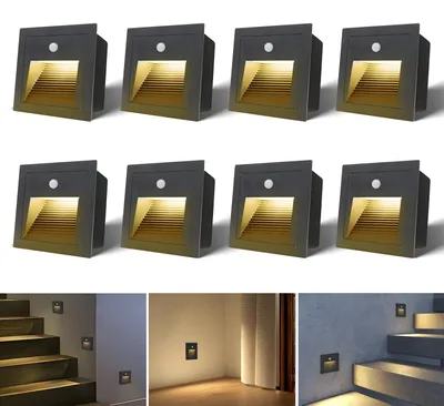 LED-Treppenlicht 8er-Set, 3 W, 3000 K, IP44, Alu, Schwarz