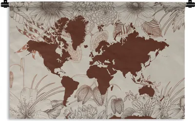 Produktbild von MuchoWow® Wandteppich Wandbehang Weltkarte - Blumen - Rot 120x80 cm Tapisserie Dekoration Wandtuch - Wanddekorationen - Wandtücher