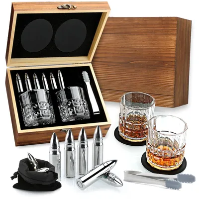Produktbild von Whisky Geschenkset - 2 Whiskygläser & 6 Whisky-Steine in Holzbox