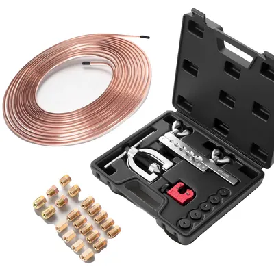 Produktbild von VEVOR Bremsleitungs-Verjüngungswerkzeug-Set, 45° Einzel- & Doppelverjüngungswerkzeug für 3/16", 1/4" Kupferrohre - mit 2 Formwerkzeugen, Entgrater und Werkzeugkasten für die Reparatur von hydraulischen Bremsleitungen im Automobilbereich