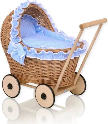 Obrázek produktu pro Kočárek pro panenky, kočárek pro panenky z přírodního proutí - s modrým povlečením a měkkou výplní