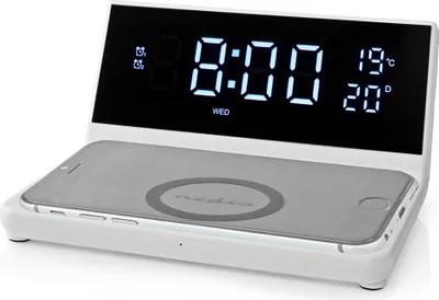 Obrázek produktu pro Bezdrátová nabíječka pro budík | Qi certifikováno | 5 / 7,5 / 10 / 15 W | USB A-Hane | 2 Časy budíku | Funkce Snooze