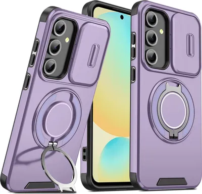 Obrázek produktu pro Dvouvrstvé pouzdro pro Samsung Galaxy S24 FE, s posuvným krytem fotoaparátu a magnetickým kroužkovým stojánkem Fialová