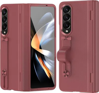 Produktbild von Schutzhülle für Samsung Galaxy Z Fold 4 5G mit Displayschutzfolie und Handschlaufe Ständer, Hart PolyurethanScharnier Handyhülle Rot