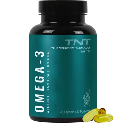 Produktbild von TNT Omega-3 Kapseln vegan (120 Stück) - Fettsäuren aus Algenöl - 300mg DHA + 150mg EPA pro Kapsel