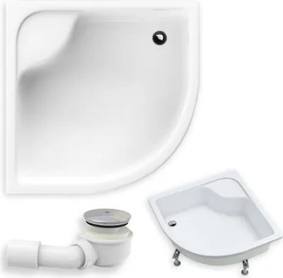 A collage of a white shower tray and its drain assembly.