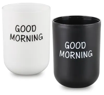 Immagine prodotto di Set di 2 bicchieri per lo spazzolino, in plastica nera, con decorazione "Buongiorno"