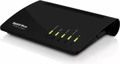A black FRITZ!Box router is shown from a diagonal angle against a white background.