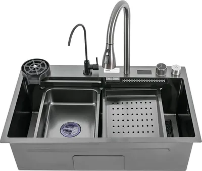 Produktbild von Küchenspüle - Wasserfall Einzelbecken - 75×46×20 cm - Mit Armatur - Vier Löcher - Edelstahl - Schwarz