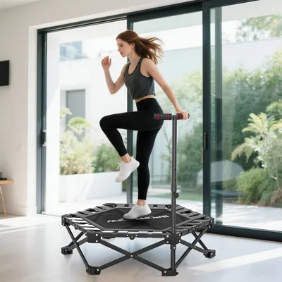 Produktbild von Fitness-Trampolin faltbar mit T-Griff, Mini Trampolin Rebounder, Stahl/Kunststoff, Schwarz | 104x104x114 cm | bis 120 kg | 5-Sek.-Faltung