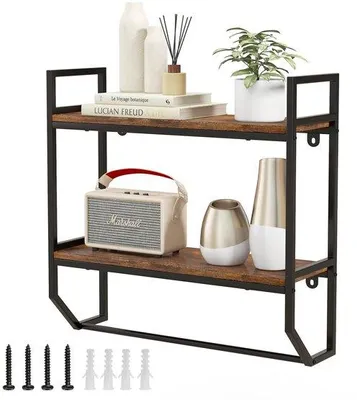 Produktbild von Famanu Wandregal aus Holz mit Metallrahmen - 2 offene Regalböden, ideal für Wohnzimmer, Küche und Badezimmer, industrielles Design