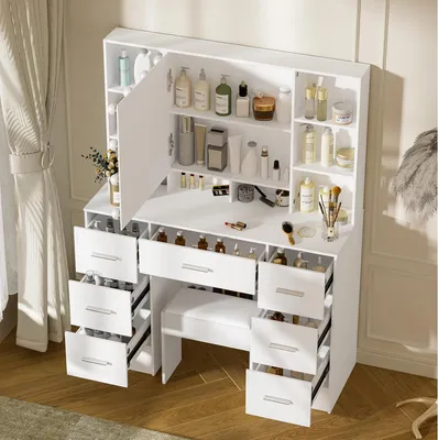 Image de Table de coiffure avec miroir et éclairage LED, 3 modes de couleur, 7 tiroirs et tabouret, en blanc