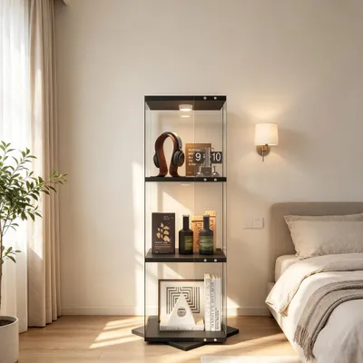 Produktbild von INONEFT Glasvitrine Standvitrine mit LED-Beleuchtung und Türen, 3-stufig Vitrine, Vitrinenschrank,Sammlervitrine für Sammlerstücke und Wein, Schwarz