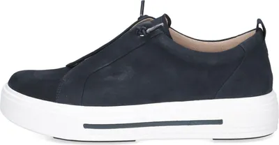 A side view of a navy blue sneaker with a white sole.