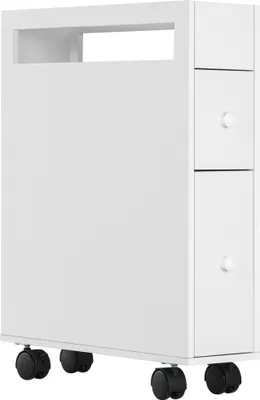 Image de kleankin Armoire de salle de bain à roulettes, armoire en niche avec 2 tiroirs, armoire de salle de bain avec compartiment ouvert, chariot de salle de bain, pour salle de bain, 16 x 49,5 x 66 cm, blanc