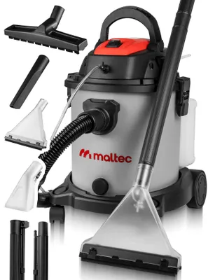 A wet/dry vacuum cleaner with various attachments is displayed against a white background.
