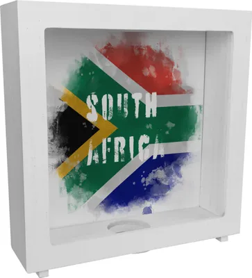 Produktbild von Rahmen Spardose aus Holz Südafrika-Flagge im Used Look - Sparschwein für