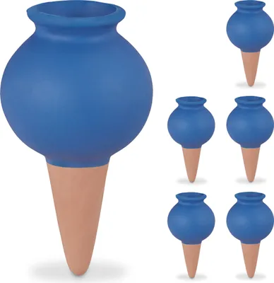 Immagine prodotto di Set da 6 coni Relaxdays, piante da appartamento e fioriere da balcone, irrigazione automatica, Vetroceramica, coni per l'irrigazione, blu/terracotta