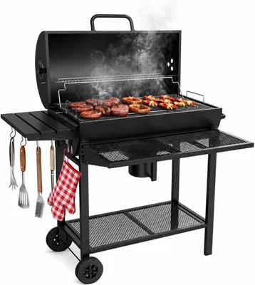 Produktbild von Kohlegrill, Grillwagen, mit Deckel, Thermometer und Kamin, Warmhaltegitter, Ablage, Aschebehälter und mit Rädern, für Garten und Terrasse