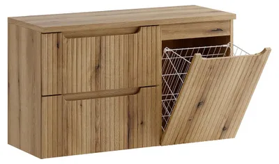 Produktbild von Badezimmer Waschtischunterschrank mit 100 cm Breite in Eiche mit gerillter Front, 2 Schubladen & Wäschekorb - NEWPORT-56-EVOKE
