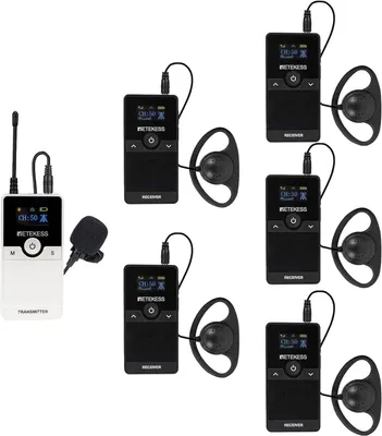A collection of wireless tour guide system components, including transmitters and receivers with earpieces and a lavalier microphone.