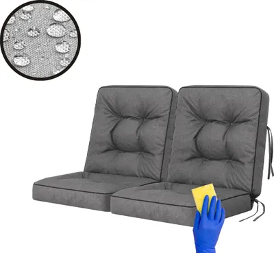 Two gray cushions for a bench or swing, with a close-up inset showing water droplets on fabric.
